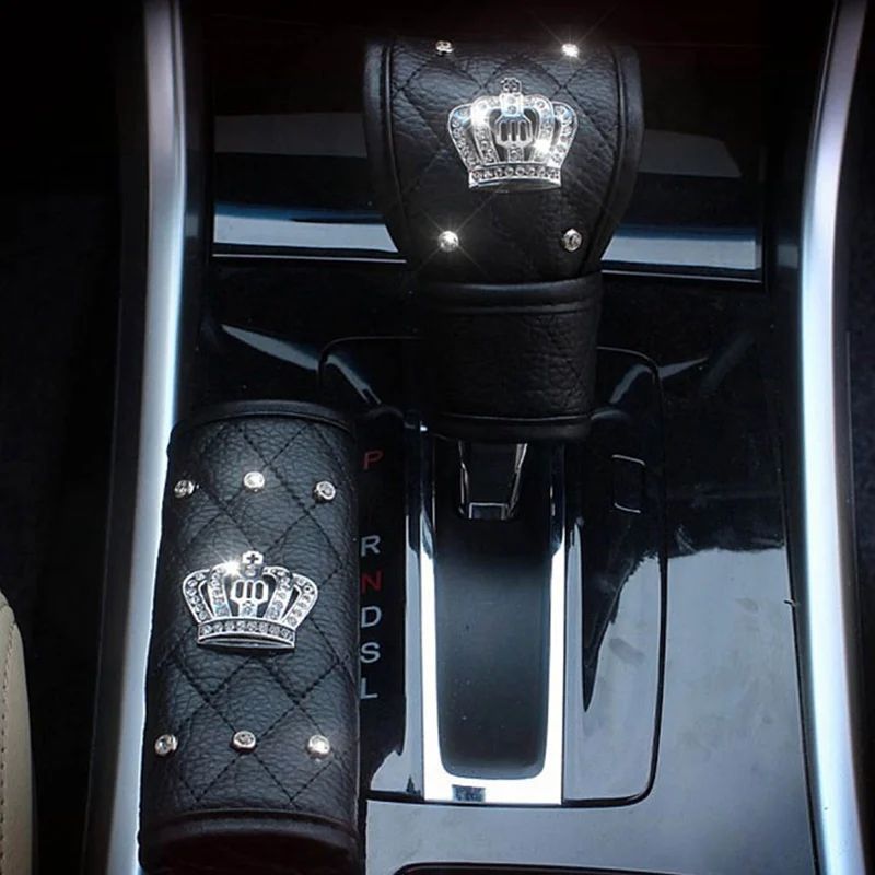 Lable Crown Bling Rhinestones Car Gear Shift Collar Cover Hand Brake Cover Car Seat Safety Belt Cover Auto Interior Accessories smile