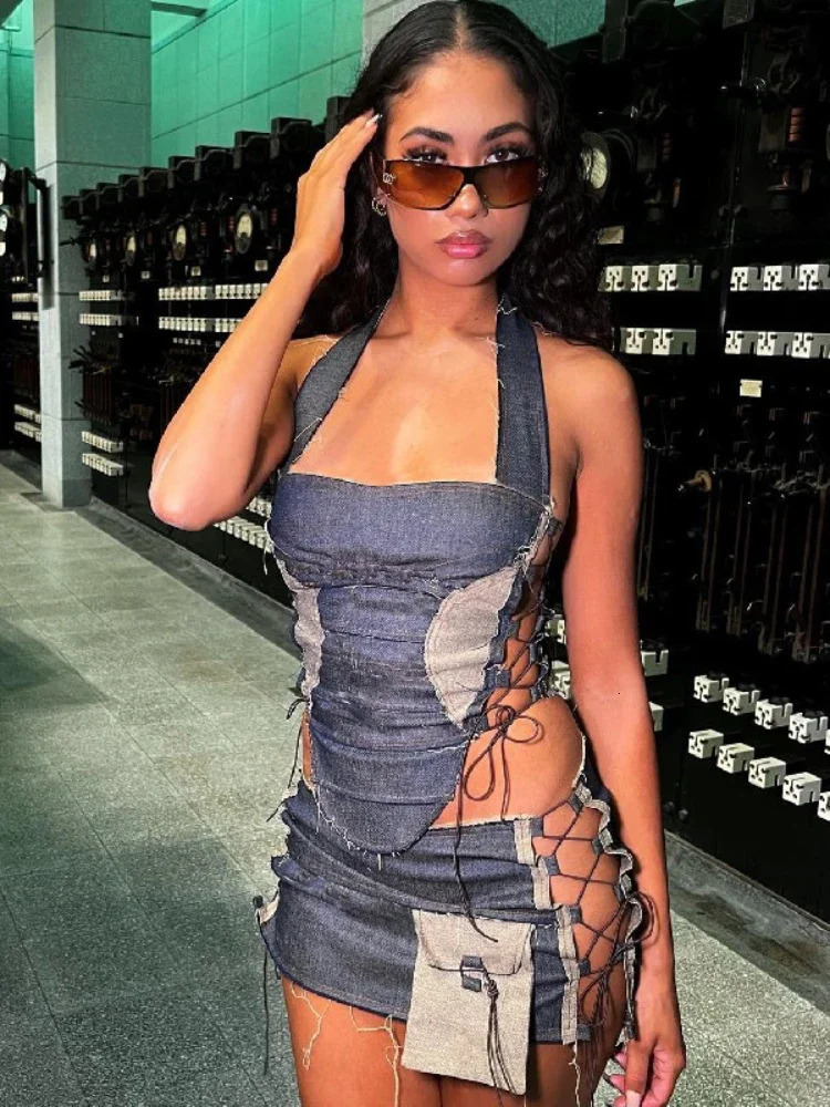 Top and Skirt Set Bandage Night Club Outfit Halter Festival Vintage Sexy Splice Two Peice for Women Matching Sets 240326