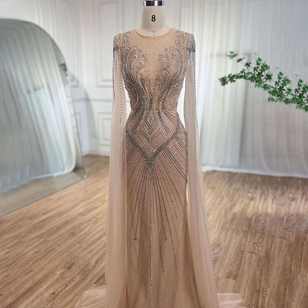Mermaid Customizedarabic Nude Cape Sleeves Elegant Beaded Evening Dresses Gowns For Women Party