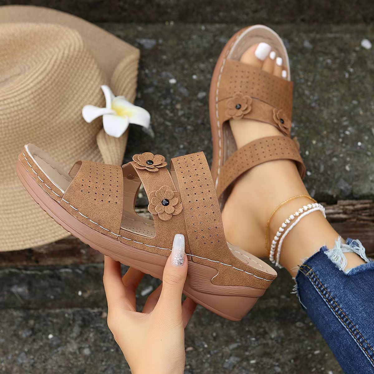 Summer Women Wedge Sandals Premium Orthopedic Open Toe Slippers Vintage Anti-Slip Leather Casual Female Platform Retro Shoes