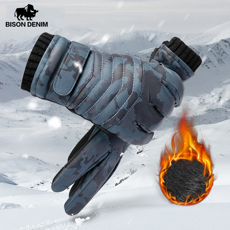 Autumn Winter DENIM BISON Gloves for Men Touch Screen Warm Thicken Male's Gloves Outdoor Sport Riding Full Fingers Ski Gloves smile