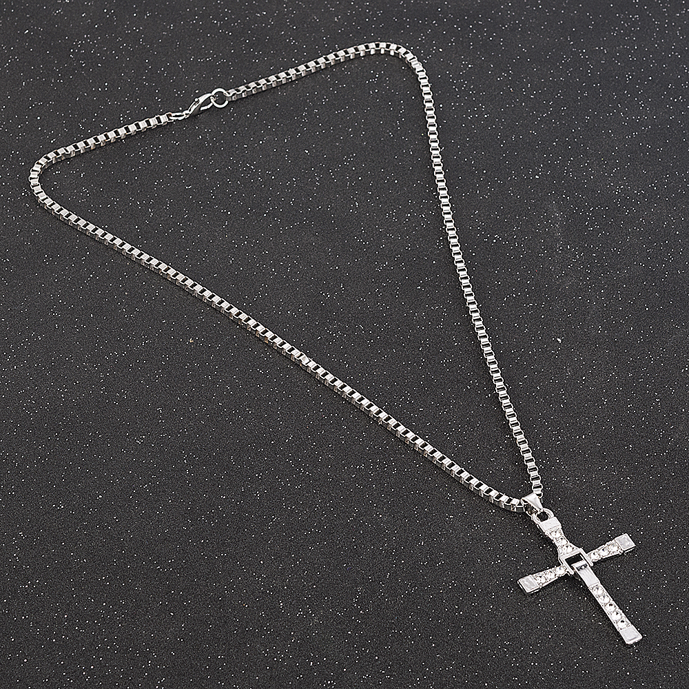 Fast and Furious Movies Actor Dominic Toretto Rhinestone Cross Crystal Pendant Chain Necklace Men Jewelry
