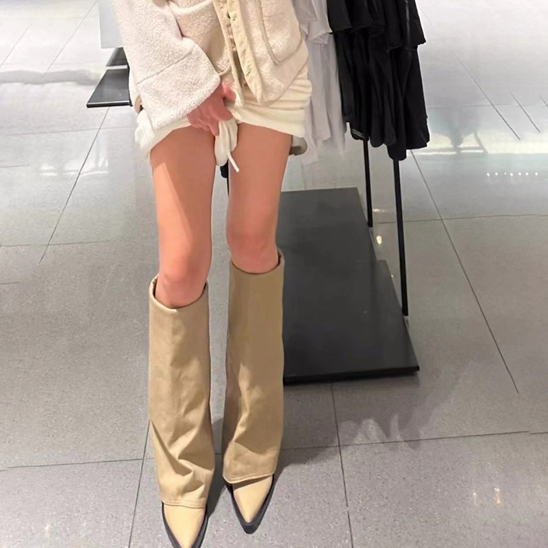 Autumn and winter new style pointed toe thick heel pants leg for women retro knee high heels western cowboy boots knight
