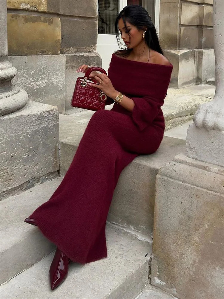Tossy Winter Knitwear Sweater Long For Women Off-Shoulder Loose High Waist Slim Elegant Fashion Knit Ladies Dress 241108 C260312
