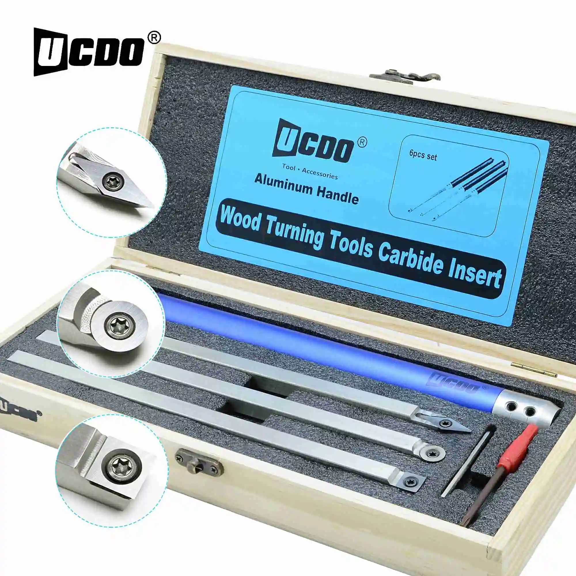Tools UCDO 6/8 Woodturning Sets Carbide Inserts Cutter Wood Turning Tool Swan Neck Woodworking Chisel Aluminum Handle for Lathe smile