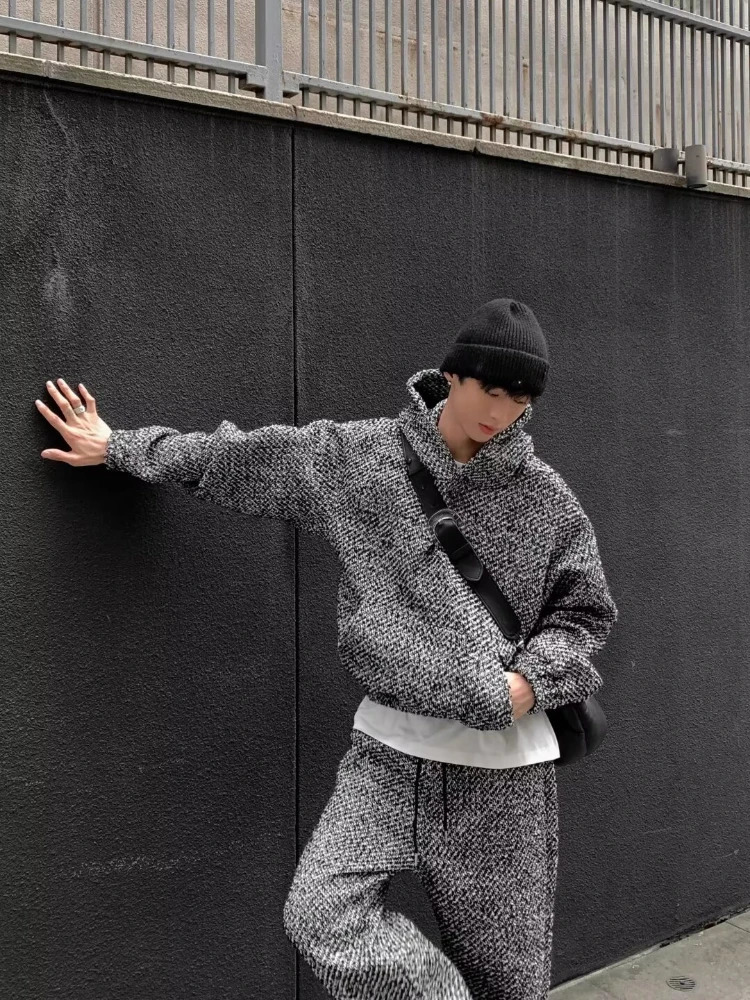 Mens Korea Harajuku Set High Street Xiaoxiangfeng Hooded Sweatshirtbaggy Straight Pants Male Retro Sets Spring Fashion Suit 240320