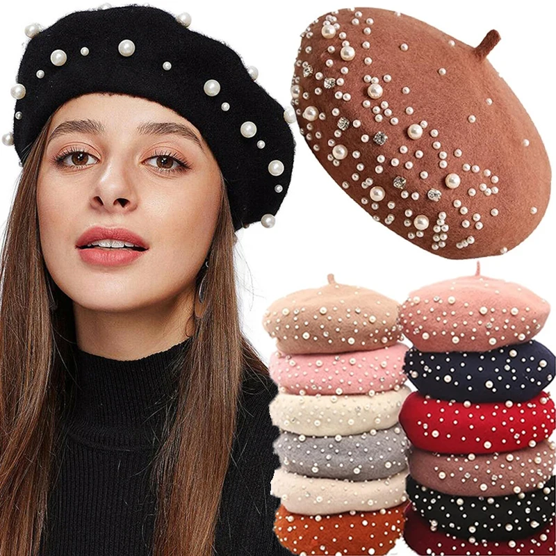 Elegant Cap Women Berets Thick Wool Pearls Beads Winter Hats Skullies Warm Beanies Vintage Cashmere Female Flat Solid Caps smile