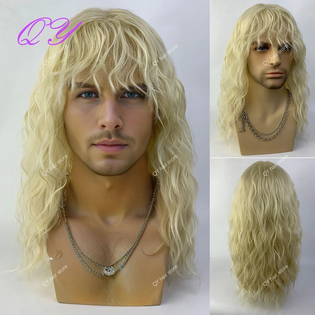 Synthetic Mens Wig Long Brown Natural Curly Rock Man Wig With Bangs Party Or Cosplay Adjustable Water Wave Male Hair Wig 241108
