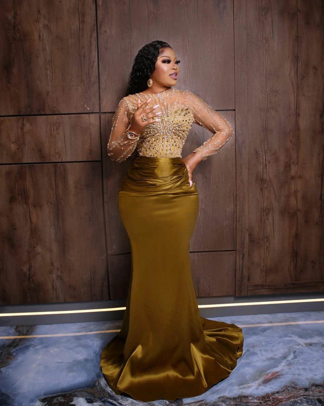 Classic Mermaid Evening Dresses For Women Beaded Crystal Sequins Gown Jewel Neck Long Sleeves Customized Dress Party