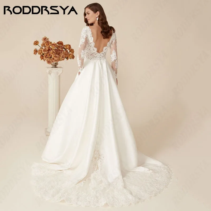 Lace RODDRSYA Sleeve Long A-line Wedding Dresses Simple Satin Sweep Train Insertable Pocket vestidos de novia Elegant V-Neck smile
