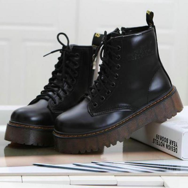 Leather Martin Boots Thick Sole 5cm Women High Top Platform Ankle Boots Winter Autumn Front Lace-up Waterproof Motorcycle Boots