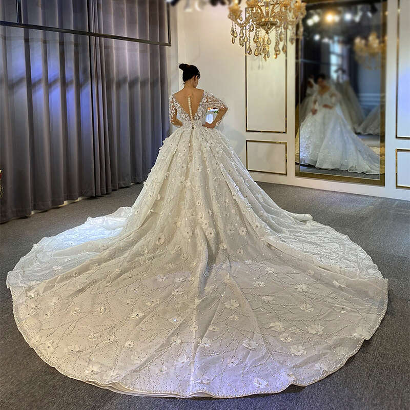 Long Sleeve Wedding Dress with Cathedral Train, Appliques, Beading and Crystals