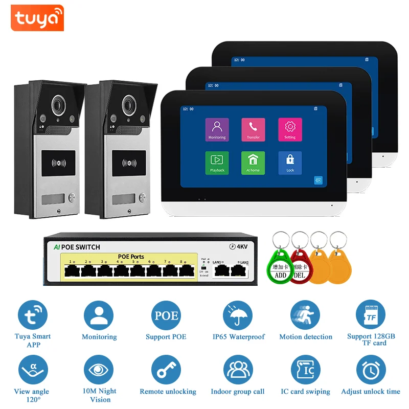 SmartYIBA 7 Inch HD IP Video Doorbell WIFI Monitor With POE Switch Tuya Visual Interphone APP/RFID Unlock WIFI Video Door Phone