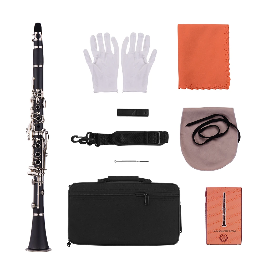 Muslady ABS 17-Key Clarinet Bb Flat with Carry Case Gloves Cleaning Cloth Screwdriver 10pcs Reed and Case Woodwind Instruments