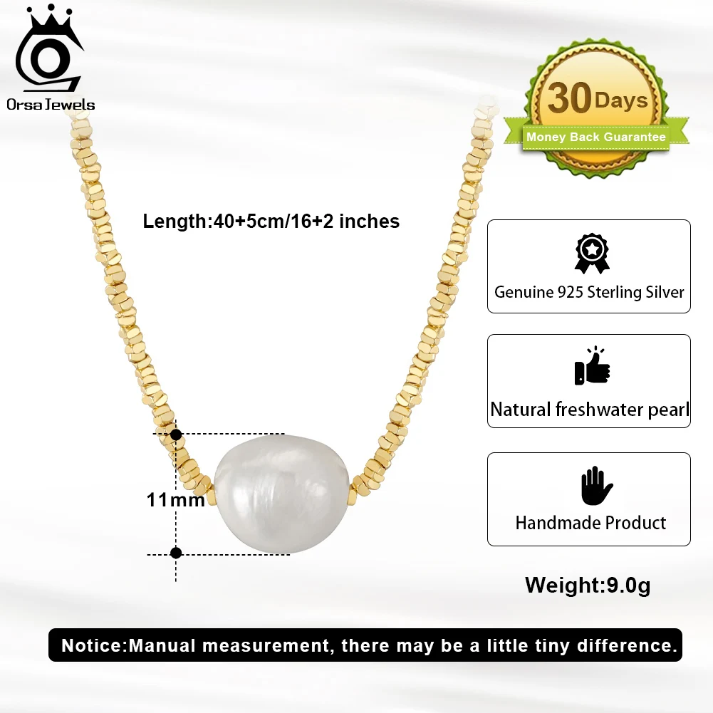 14K Gold JEWELS ORSA Sterling Sier Net Chain Necklace with Exquisite 11mm Freshwater Pearl for Women Jewelry GPN36 smile