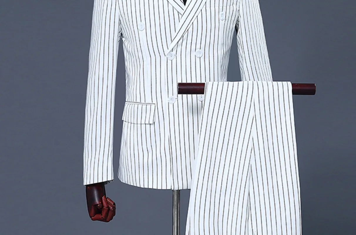 Men's White and Black Stripe Groom Dresses Performing Suits Double Breasted Smart Casual Men Suit Slim Fit White Regular Blazers