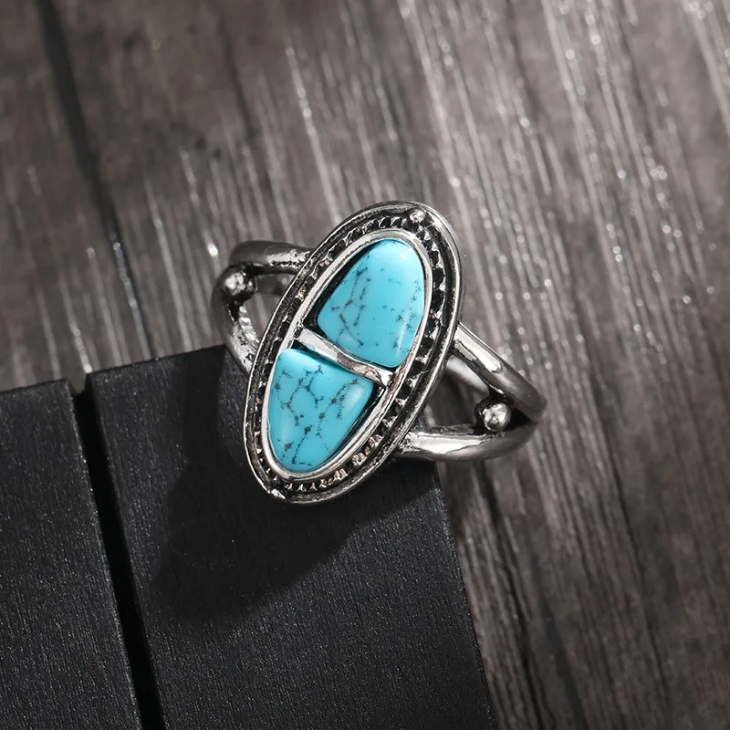 Ethnic Geometric Bohemian Style Natural Turquoise Ring for Women New Personalized Design Rings Vintage Jewelry Accessories Gifts smile