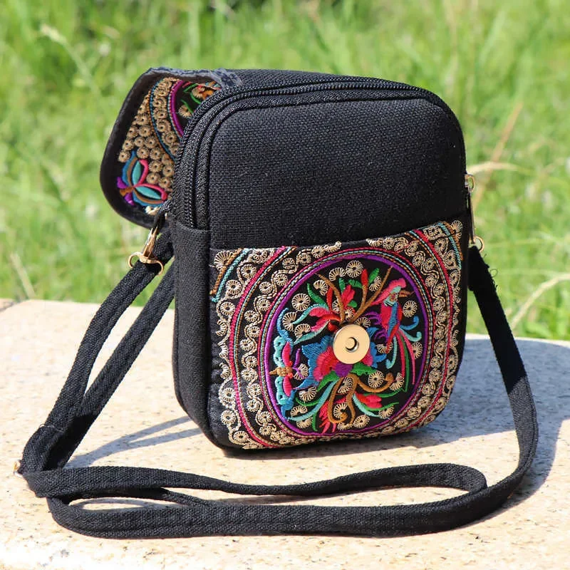 Style 1Pc Embroidered National Cloth Bag Waist Bag Oblique Span Shoulder Coin Mini Wallet Carry Vertical ddmysmile Square Smile