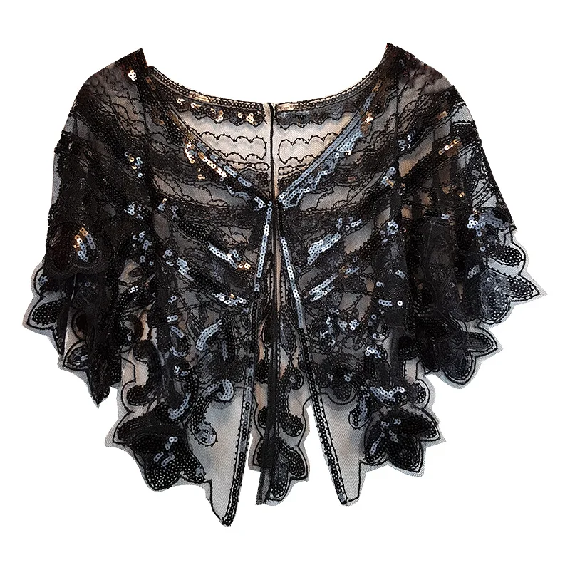 Beaded New Shawl Vintage Scarves 1920s Style Women's Shawl Black Sier Sequin Beaded Sheer Mesh Capelet Sequined Bolero Jacket smile