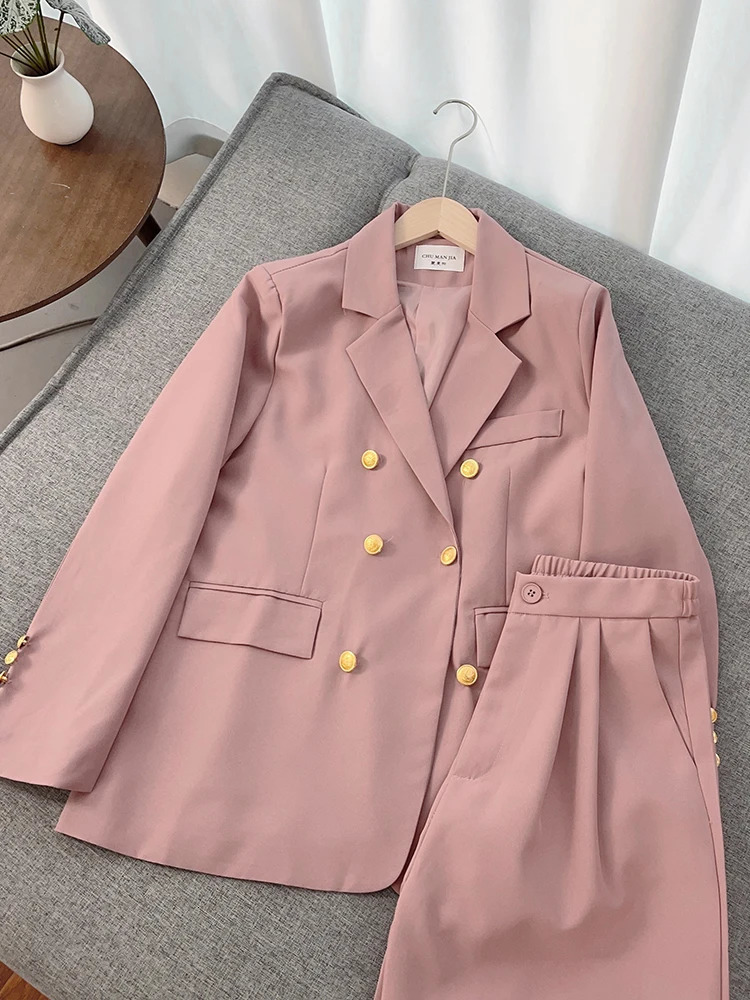 Elegant Office Lady Blazer Suit Metal Button Long Sleeve Coat High Waist Straight Pants Set Spring Chic Women 2 Piece Sets 240329