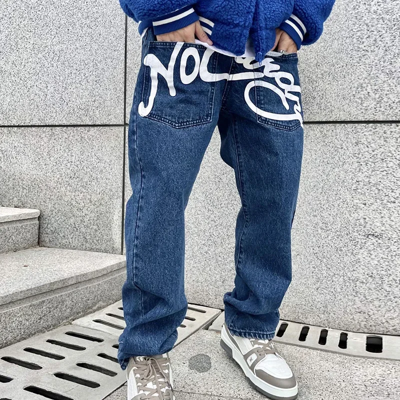 Jeans for Men Y2k Cargo Pants Black Denim Skinny Streetwear Wide Leg Clothes Ropa Rare Humans Jeans Print Pants Low Rise Baggy