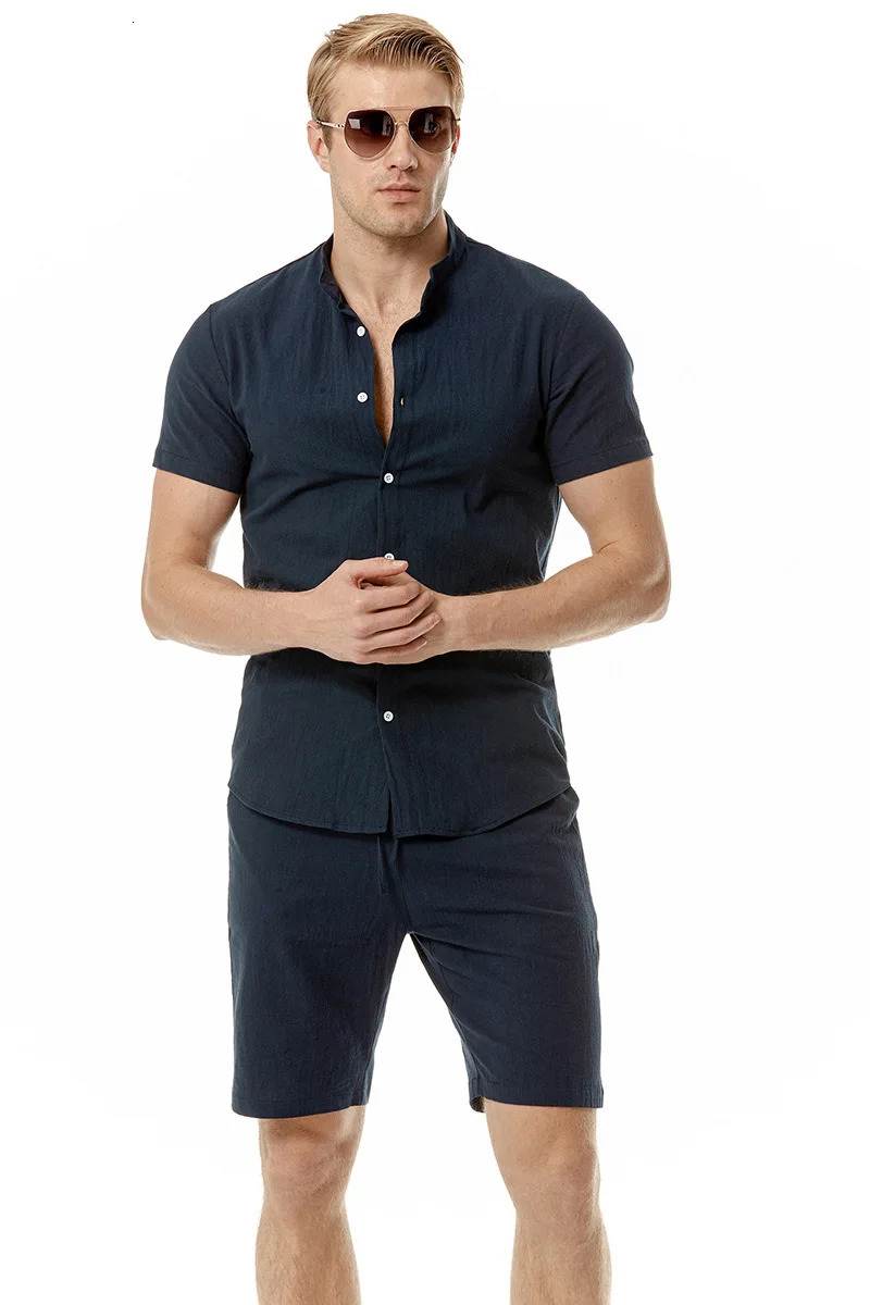 Summer Mens Set Cotton Linen Henry Neck Beach Casual Solid Short Sleeve Shorts 240409