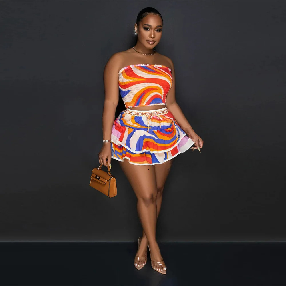 Sexy Women Two Pieces Set Printed Sleeveless Backless Breast Wrap Top and Pleated Mini Skirt Club Party Outfits 240329