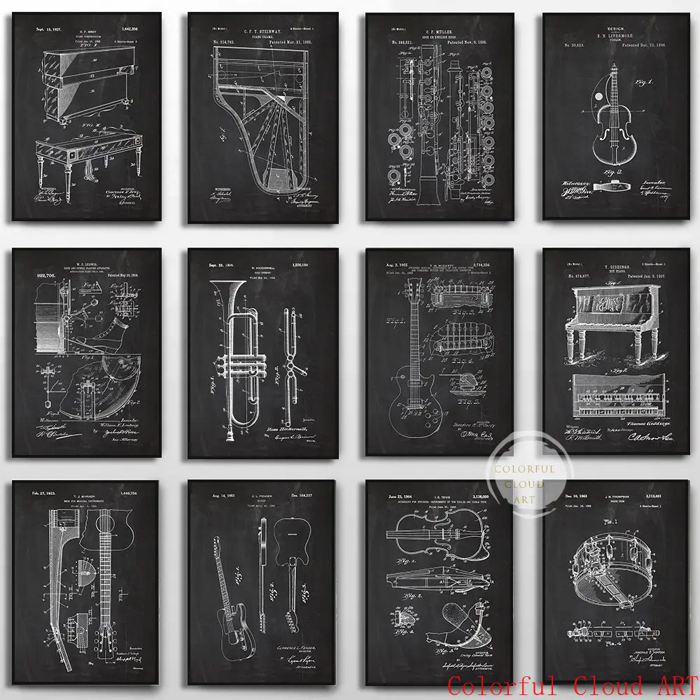 Vintage Violin Guitar Piano Blueprints Posters Musical Instrument Patent Drawing Canvas Painting Wall Art for Music Studio Decor