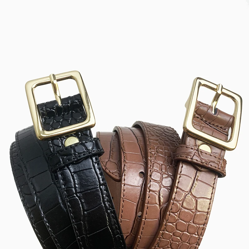 Vintage Ladies Fashionable Crocodile Pattern Real Genuine Leather Cowskin Pin Belt Waistband for Girls Women Metal Buckle smile