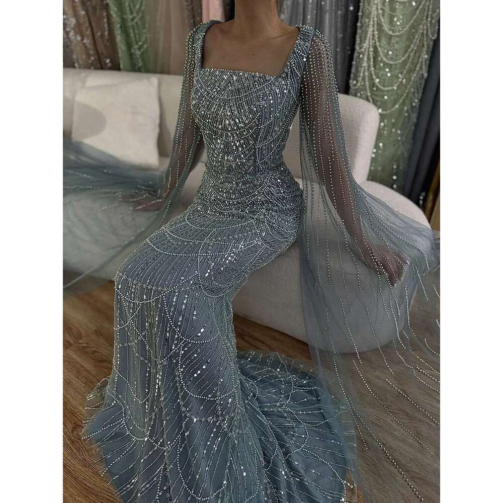 Hill Saudi Serene Arabic Turquoise Mermaid Evening Dress With Beaded Pearls Cape Sleeves For Ocn LA A Customized