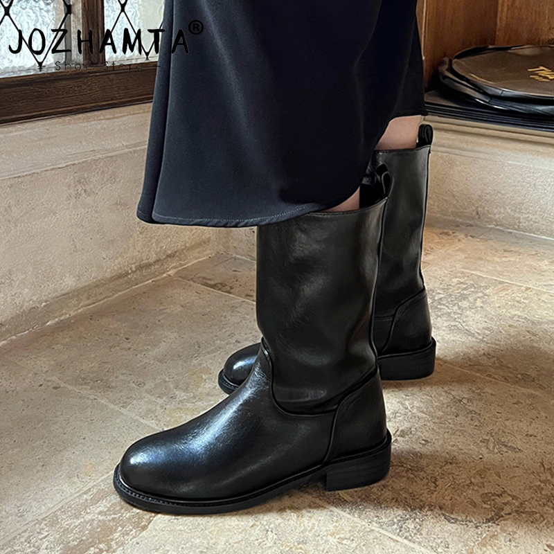 JOZHAMTA Size 34-40 Short Boots Genuine Leather Casual Soft Chunky Heels Shoes For Women Winter 2023 Black Mid Calf Boot