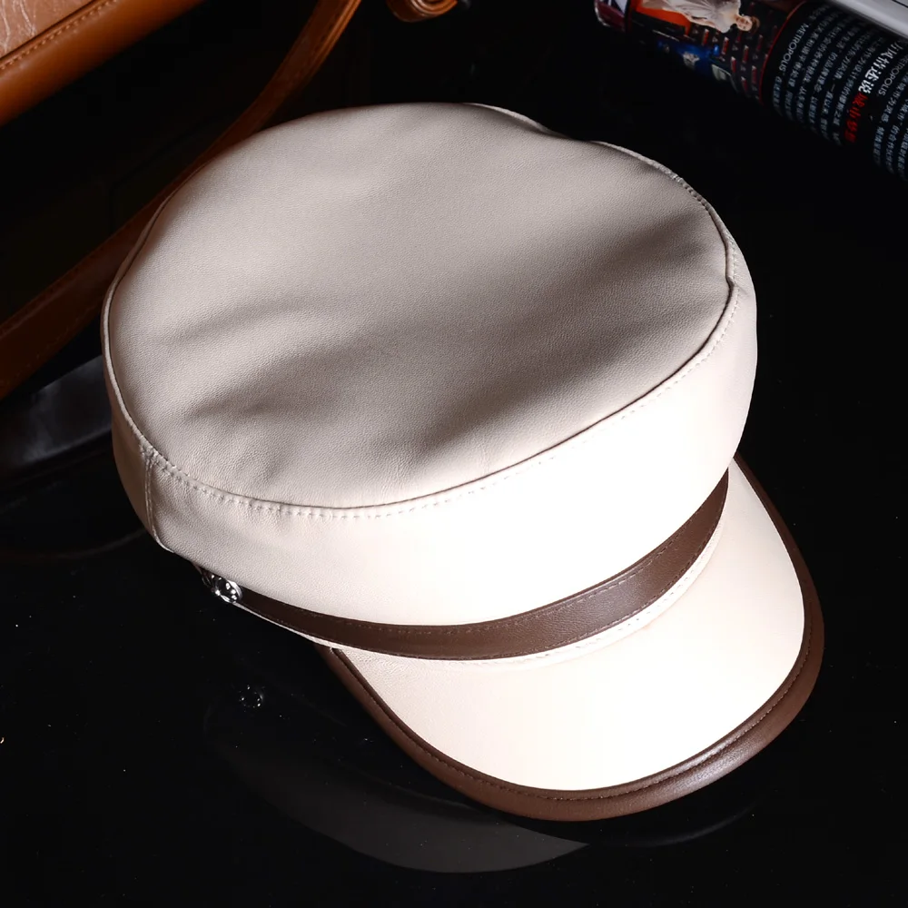 Cap Real Women's Leather Ladies Genuine Leather Beige Military Casual Newsboy Beret Army Navy Caps/Hats smile