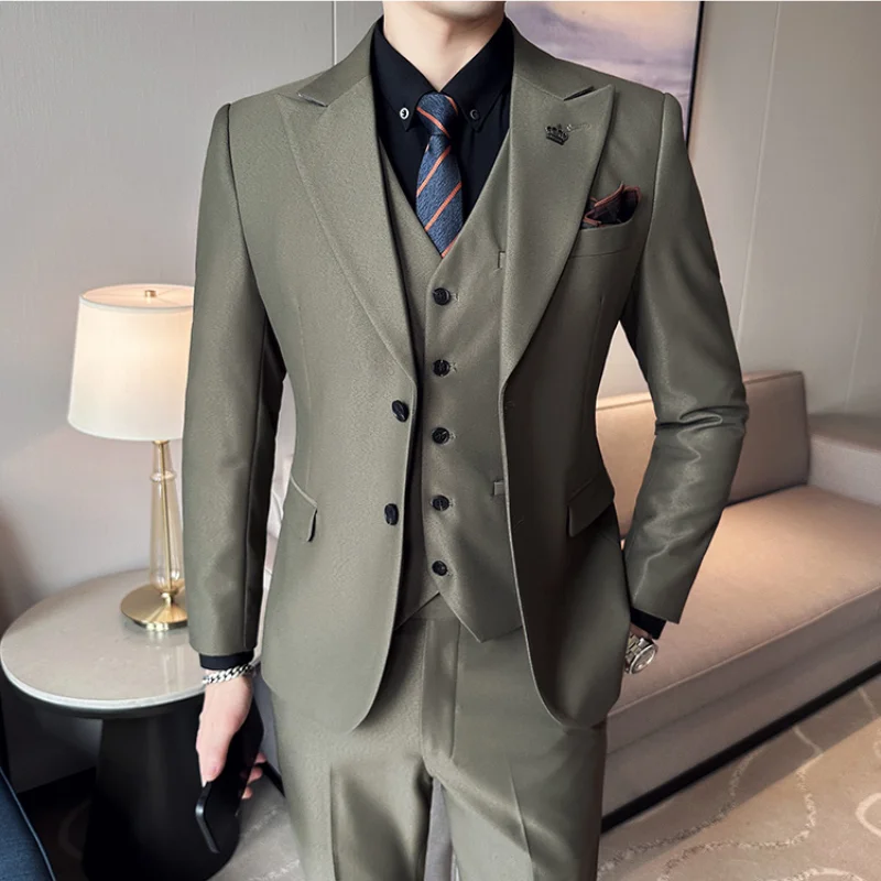 Vest ( Jacket + + Pants ) 2023 Spring Men High-end Suit Formal Groom Wedding Tuxedo Mens Work Party Slim Fit Suit 3 Piece smile ( + + )
