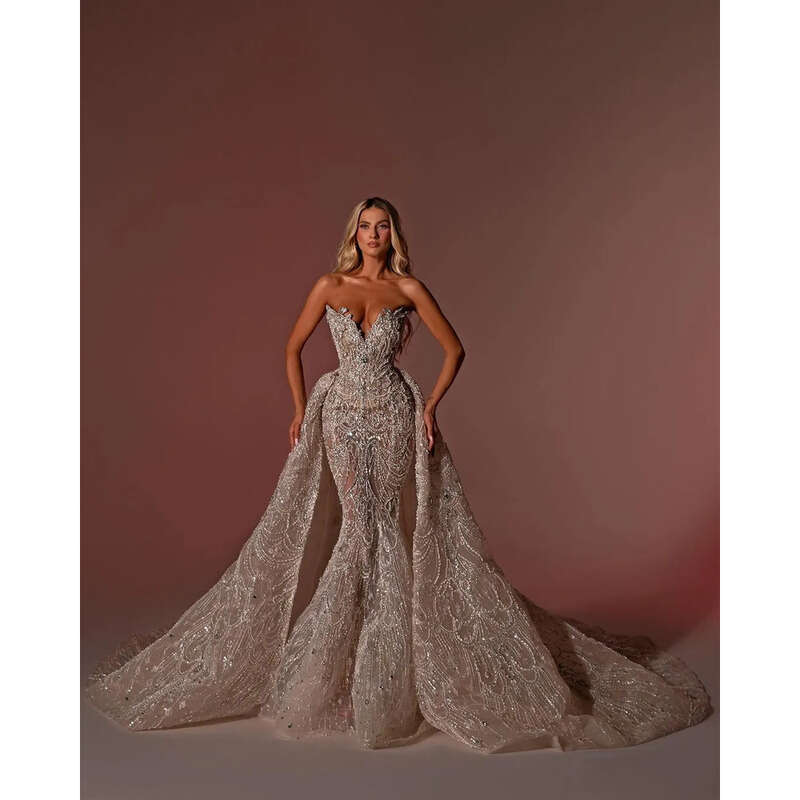 Crystal Mermaid Gorgeous Wedding Dresses Detachable Train Illusion Beaded Sequins Bridal Gowns Slim Strapless Custom Made Vestidos De Novia 0218