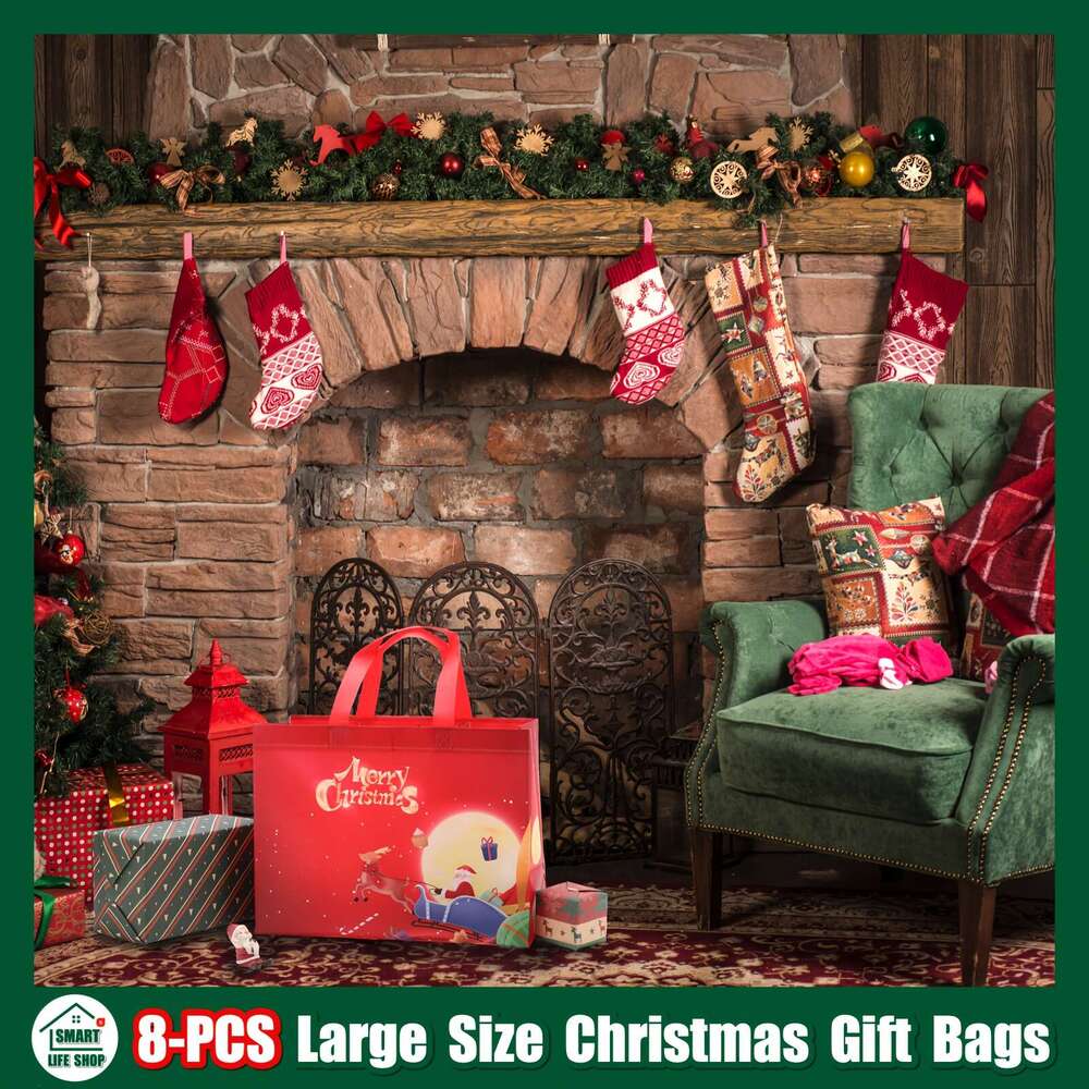 Christmas 8pcs Christmas Gift Bag Set - Reusable Non-Woven Tote Bags with Handles, Perfect for Holiday Presents & Party Favors, Black/Red/White