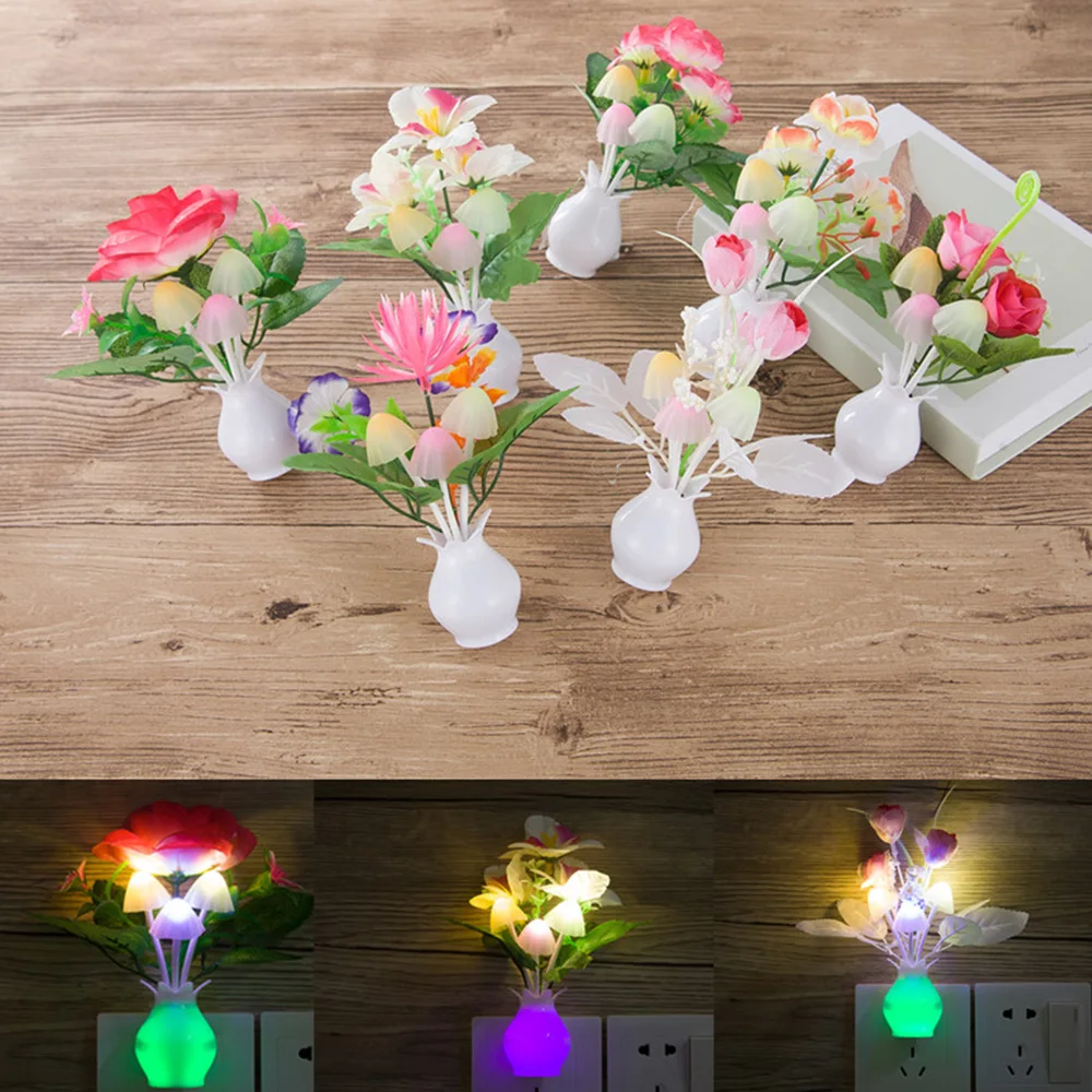 Night Light LED 1Pc With Sensor Plug-in Auto Switch Rose Flower Luminous Vase Night Light Wall Light for Bedroom Living Room smile