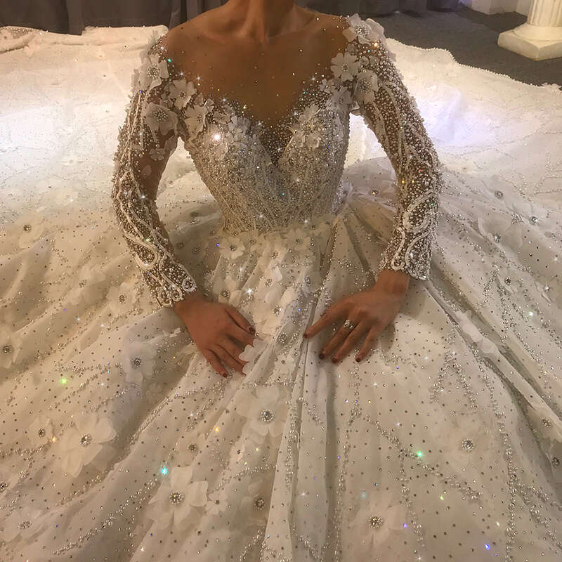 Long Sleeve Wedding Dress with Cathedral Train, Appliques, Beading and Crystals