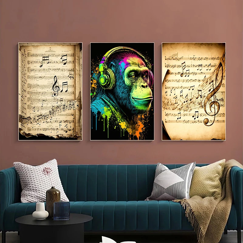 Pop Rock Music Design Poster Sheet Music Hip Hop Monkey Electric Guitar Canvas Painting Modern Wall Art Picture Home Decor