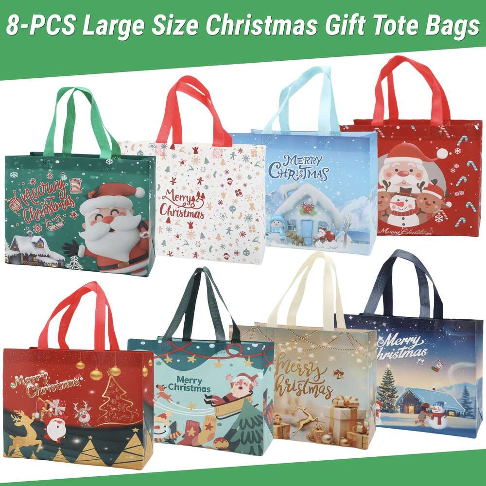 Christmas 8pcs Christmas Gift Bag Set - Cute, Waterproof Stain-Resistant Non-Woven Tote Bags with Handles for Holiday Presents & Party Favors