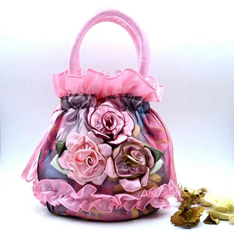 Handbag Purse Hand-Ed Coin Mobile Phone Bag ddmysmile Lace Fabric Bag Ethnic Style Handbag Drawstring Bucket Bag Flowers Smile