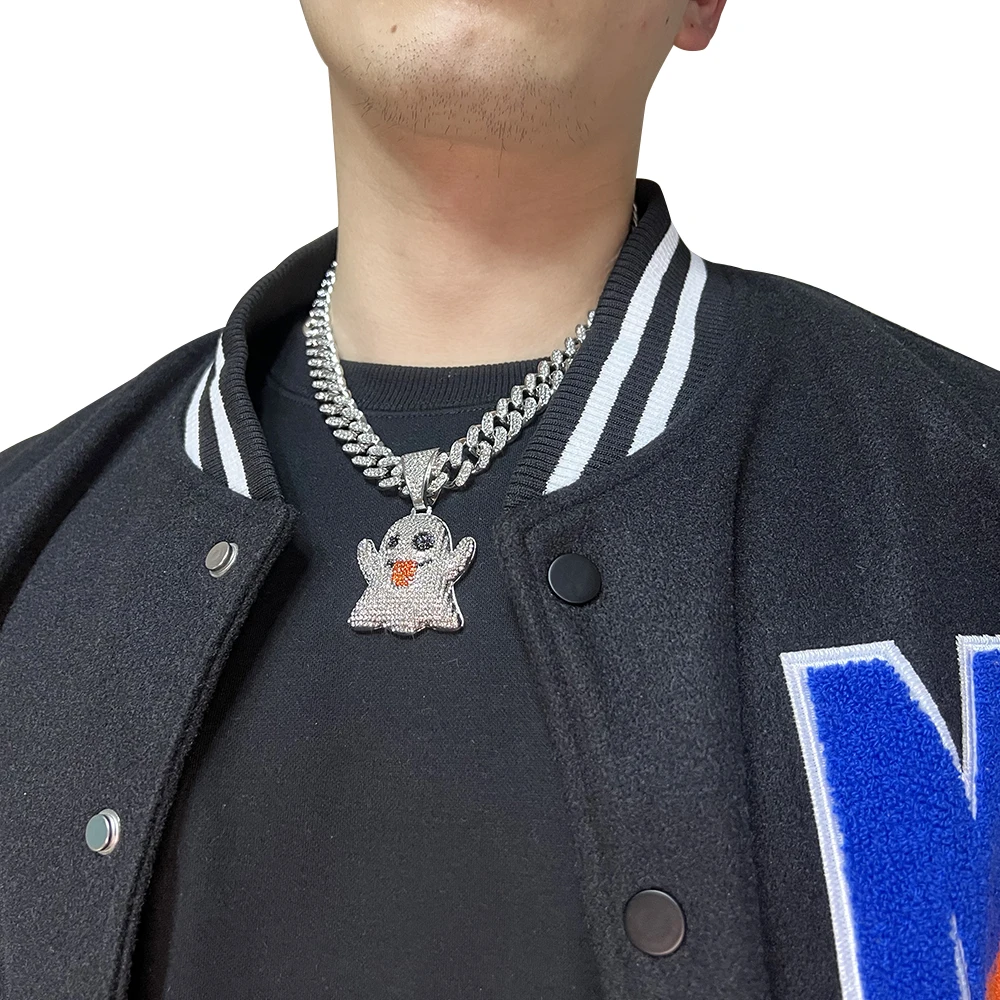 Tongue ULJ Black Ghost Eyes Funny Street Hipster AAA Rhinestones Hip-hop Miami Cuban Link Chain Male Necklace jewelry smile
