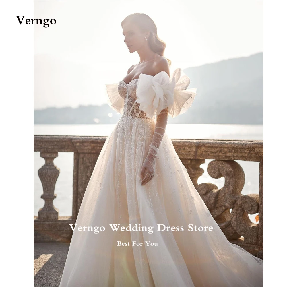 A Verngo Line Glitter 2023 A Line Wedding Dresses Sweetheart Removable Puff Long Sleeves Shiny ddmysmile Bridal Gowns Robe De Mariage Smile