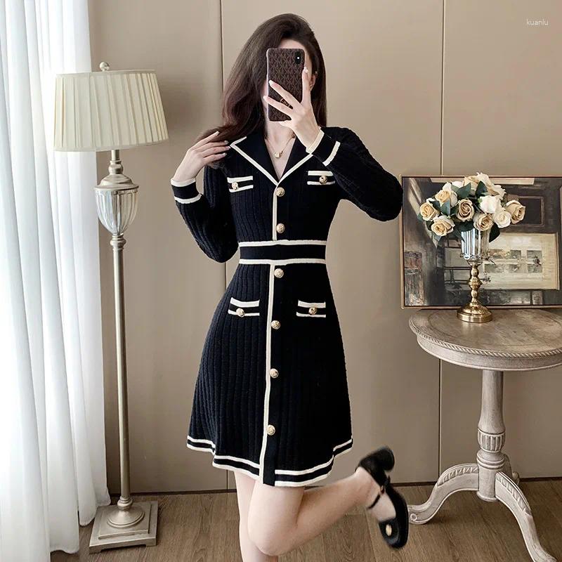 Casual Dresses French Small Fragrance Black Knit Dress Women Basic Elegant Contrast Long Sleeve Suit Collar Beige Female Bottoming