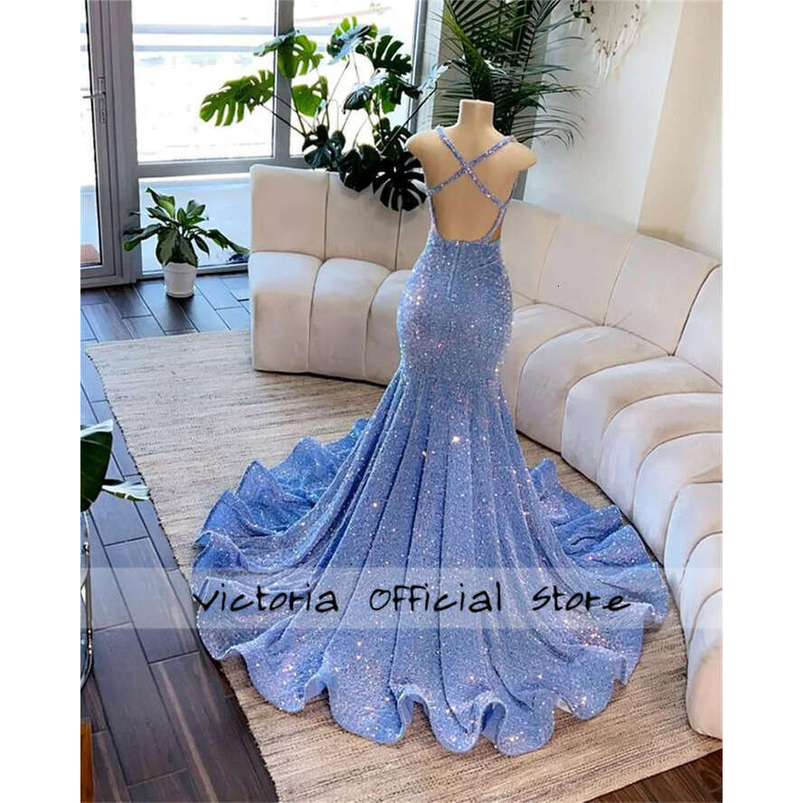 Blue Pretty Spaghetti Black Girl Prom Dress For Special Crystal Gillter Mermaid Birthday Reception Gown Robe De Bal