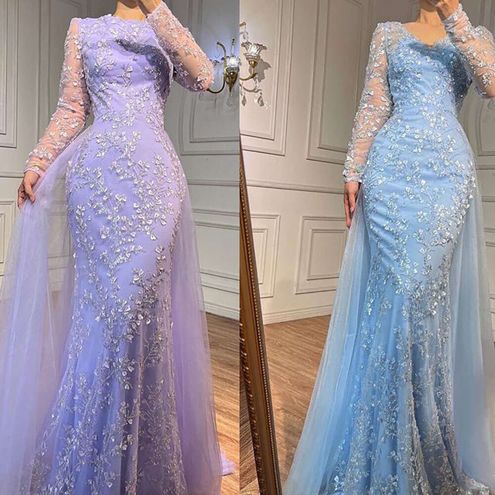 Blue Mermaid Customized Elegant With Train Beaded Arabic Evening Dresses Gowns For Women Party