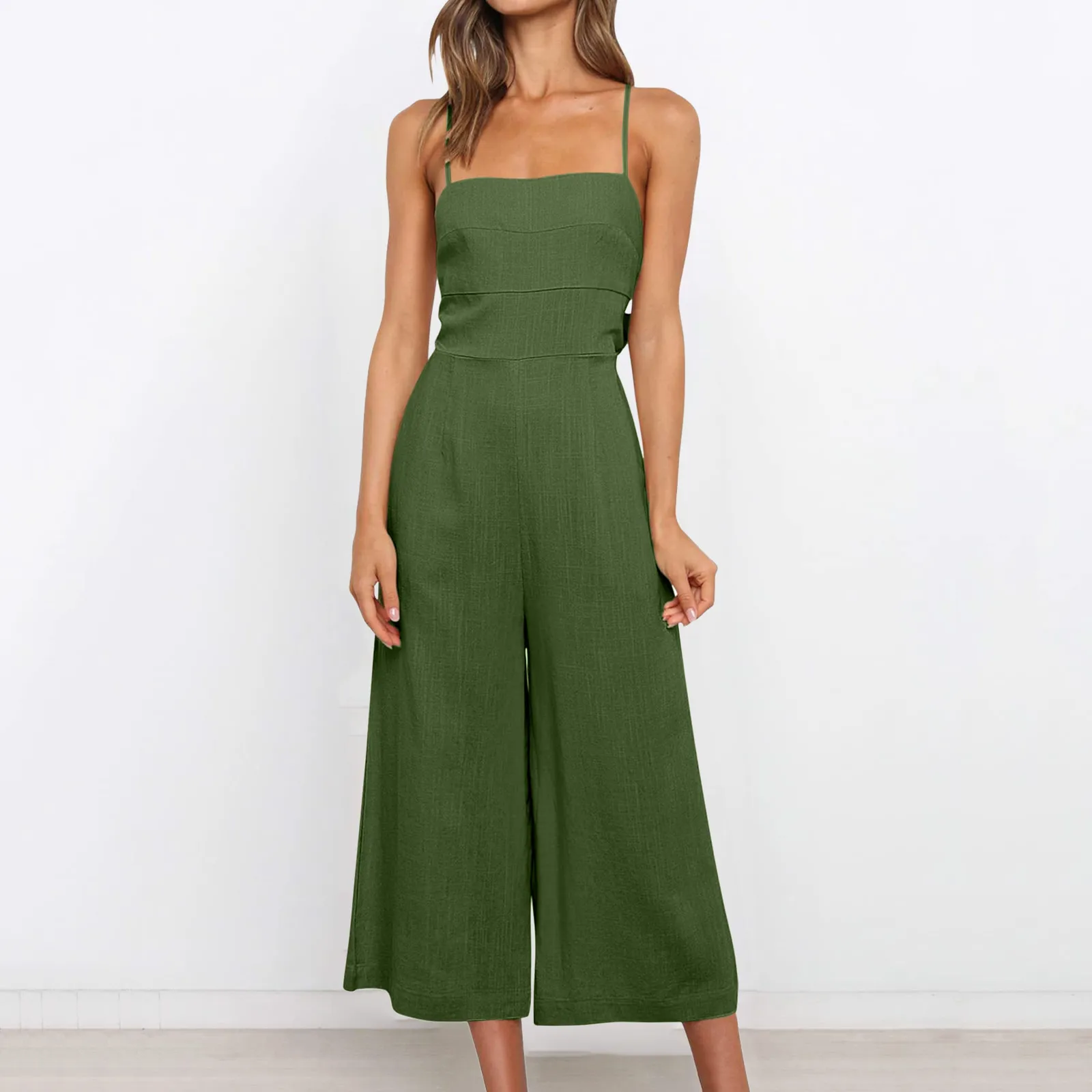 Summer 2024 Elegant Rompers Sexy Soild Backles Sling Top Jumpsuits Women Strap Wide Leg Playsuits Casual V-neck Overall Bodysuit smile