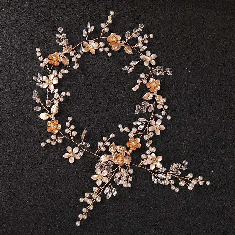 Flower Rhinestone Crystal Long Pearl Headbands Hairbands Tiaras For Bride Women Wedding Hair Accessories Ornaments Jewelry Gift smile