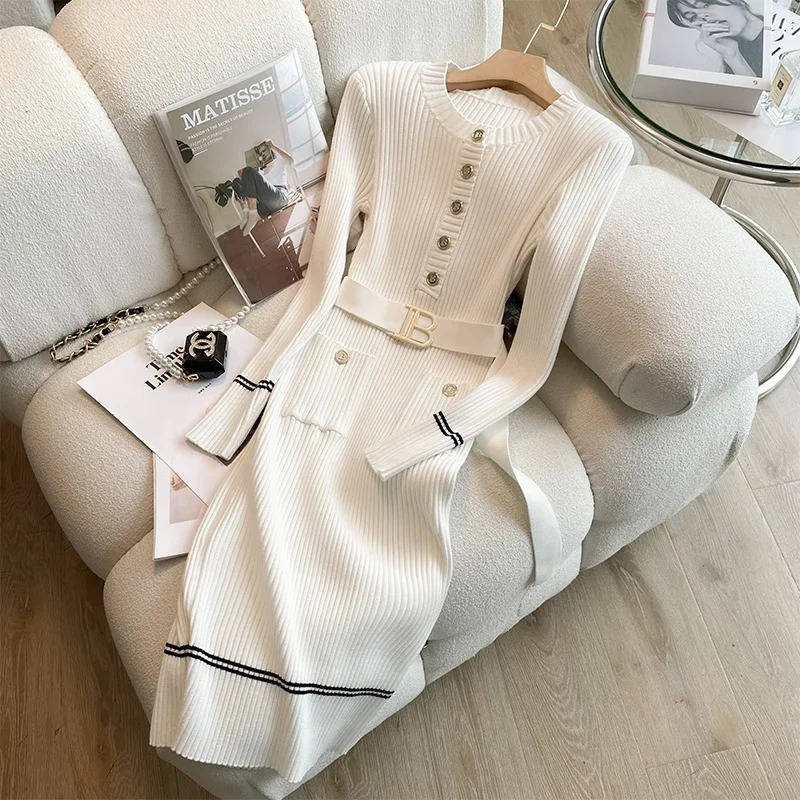 Autumn Winter Women Knitted Dress Fashion O-neck Buttons Bodycon Sweater Dress with Belt Lady Office Dress 241108