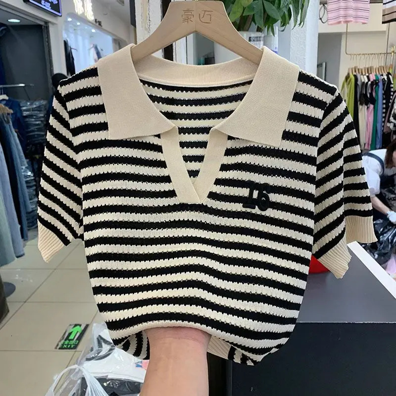 Women's T-Shirt Women Short Slve Striped Polo Shirts Summer T-shirt Hollow Out Contrast Colors Patchwork Korean Fashion Casual Versatile Tops 240
