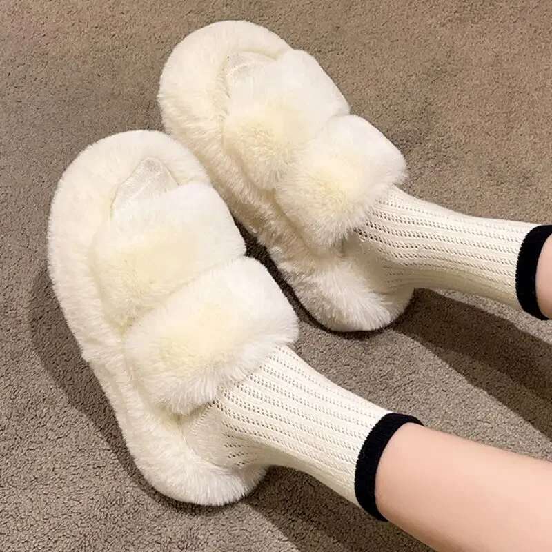 Winter Fluffy 2025 New House Home Fur Slippers For Women Flat Platform Cozy Fuzzy Indoor Shoes Korean Slides